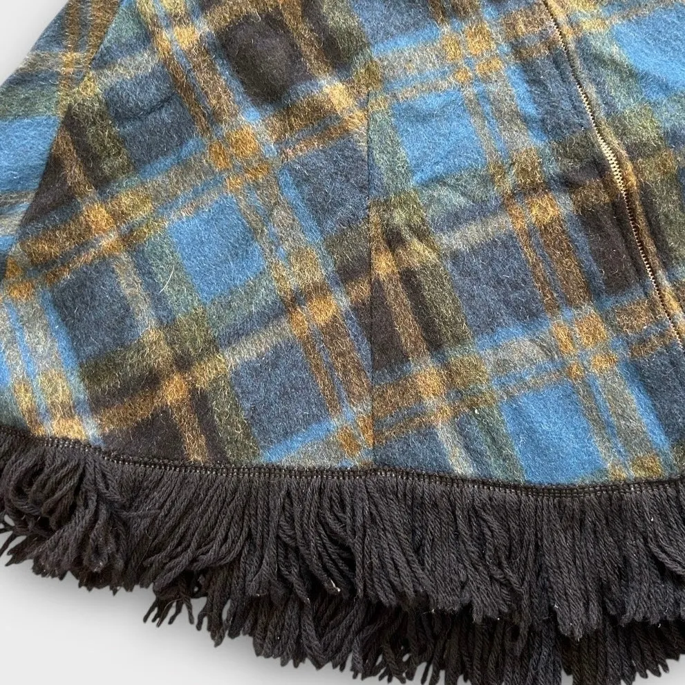 Vintage 70s Trego’s Westwear Plaid Wool Fringe Poncho Cape Blue | Size M Western Size M - Image 3