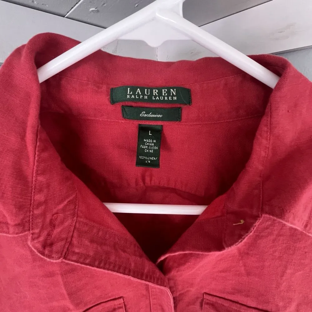 Lauren Ralph Lauren 100% Linen Size L Relaxed Button Up Shirt Roll Up Sleeve Red Size L - Image 3