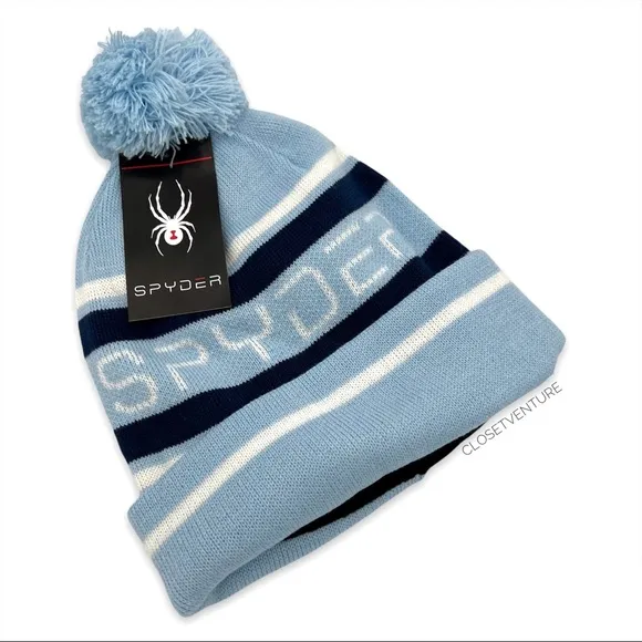 Spyder Jacquard Logo Blue Striped Fleece Lined Pom-Pom Beanie Hat Women’s OS - Image 2
