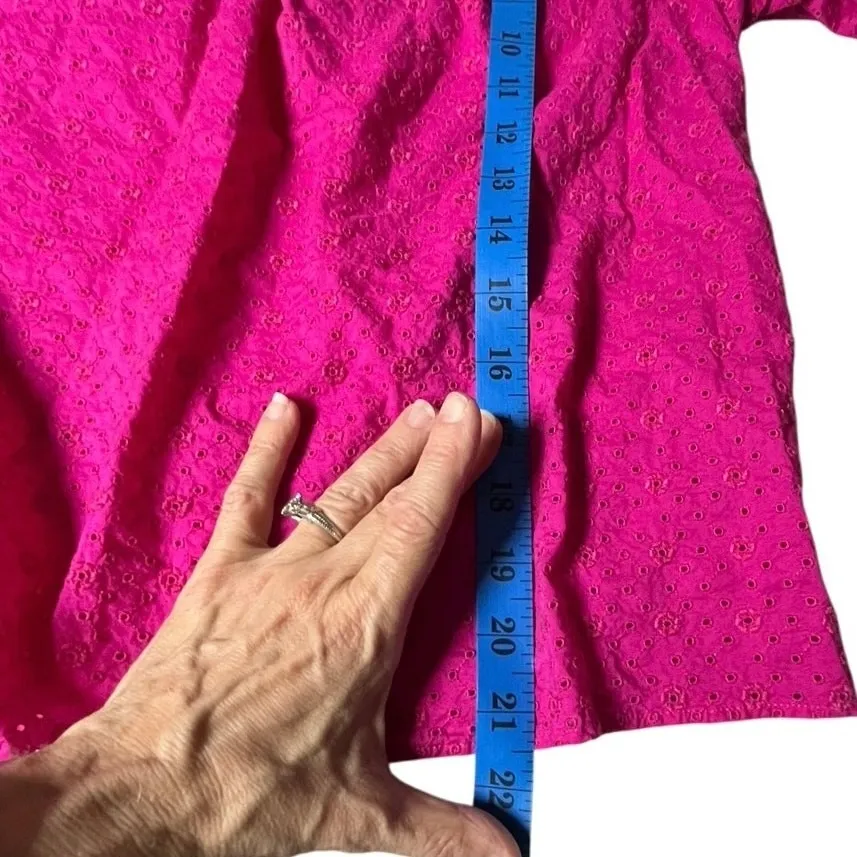 LOFT Hot Pink Eyelet Ruffle Neck Puff Sleeve Cotton Peasant‎ Blouse S - Image 8