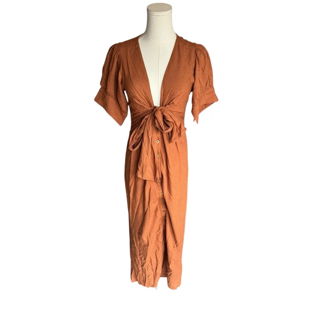 Free People - NWT Vintage Summer Button Down Boho Midi Dress Brown Sz XS - Image 3