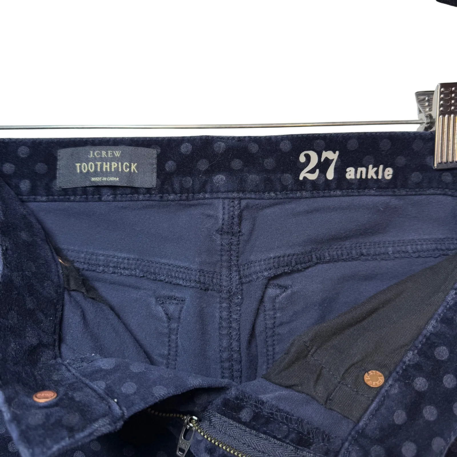 J Crew Toothpick Ankle Pants Navy Velvet Polka Dot Size 27 Holiday Preppy Blue - Image 5