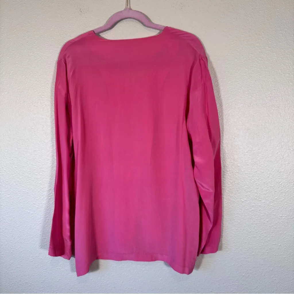Vintage Hot Pink Silk Button Up Blouse Womens L Natural Fibers 80s Classic Size L - Image 2