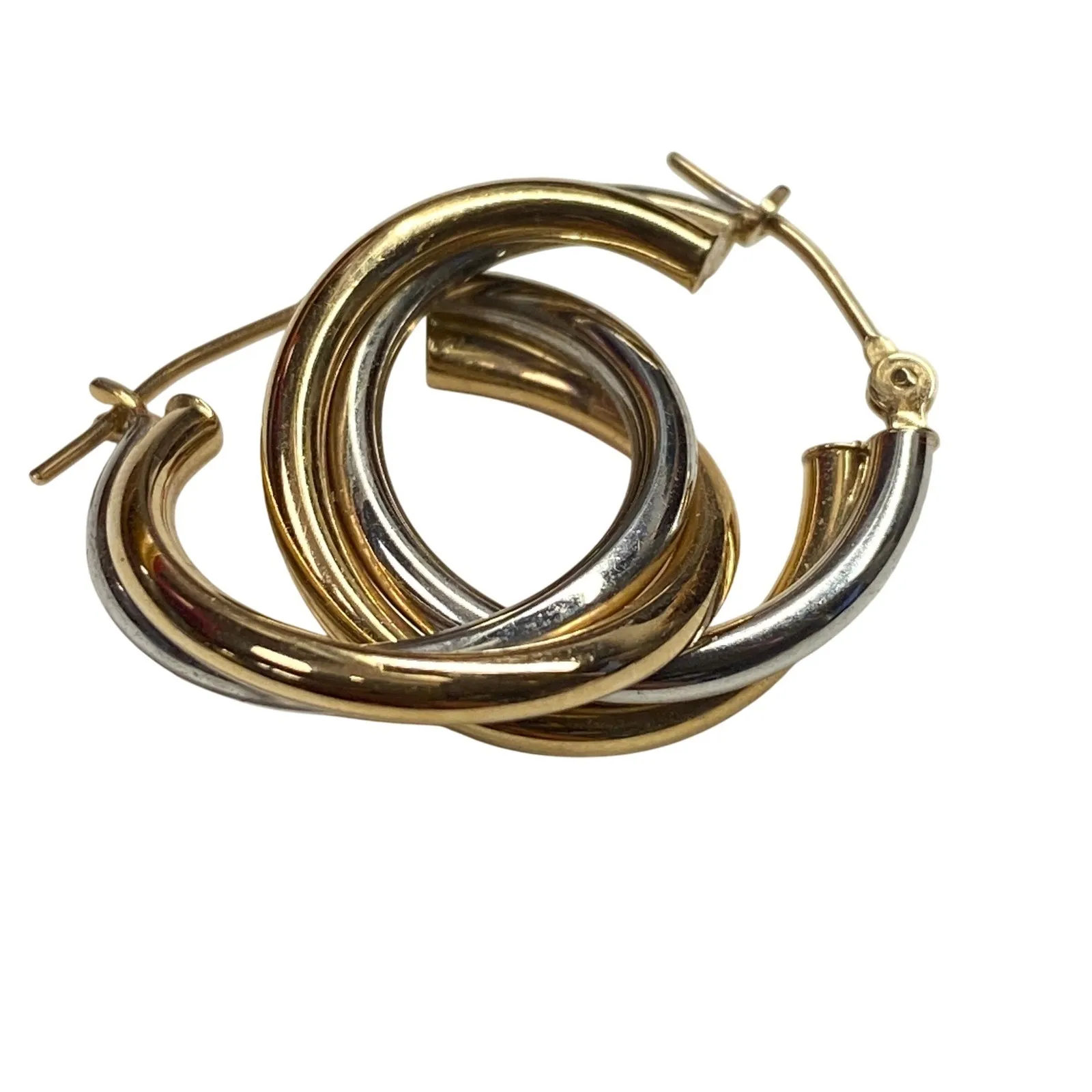10K Two Tone Yellow White Gold Hoop Earrings Small Twisted Lightweight - Image 2
