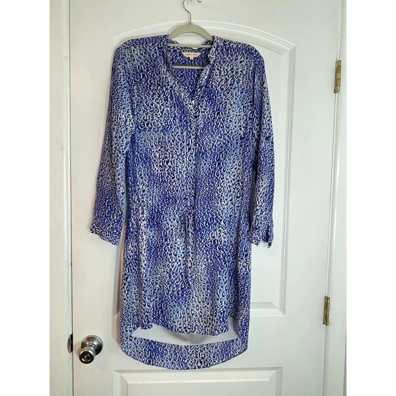 Rebecca Taylor Silk Mini Dress Size 2 Blue Leopard Print Fairy Core Boho Preppy - Image 3