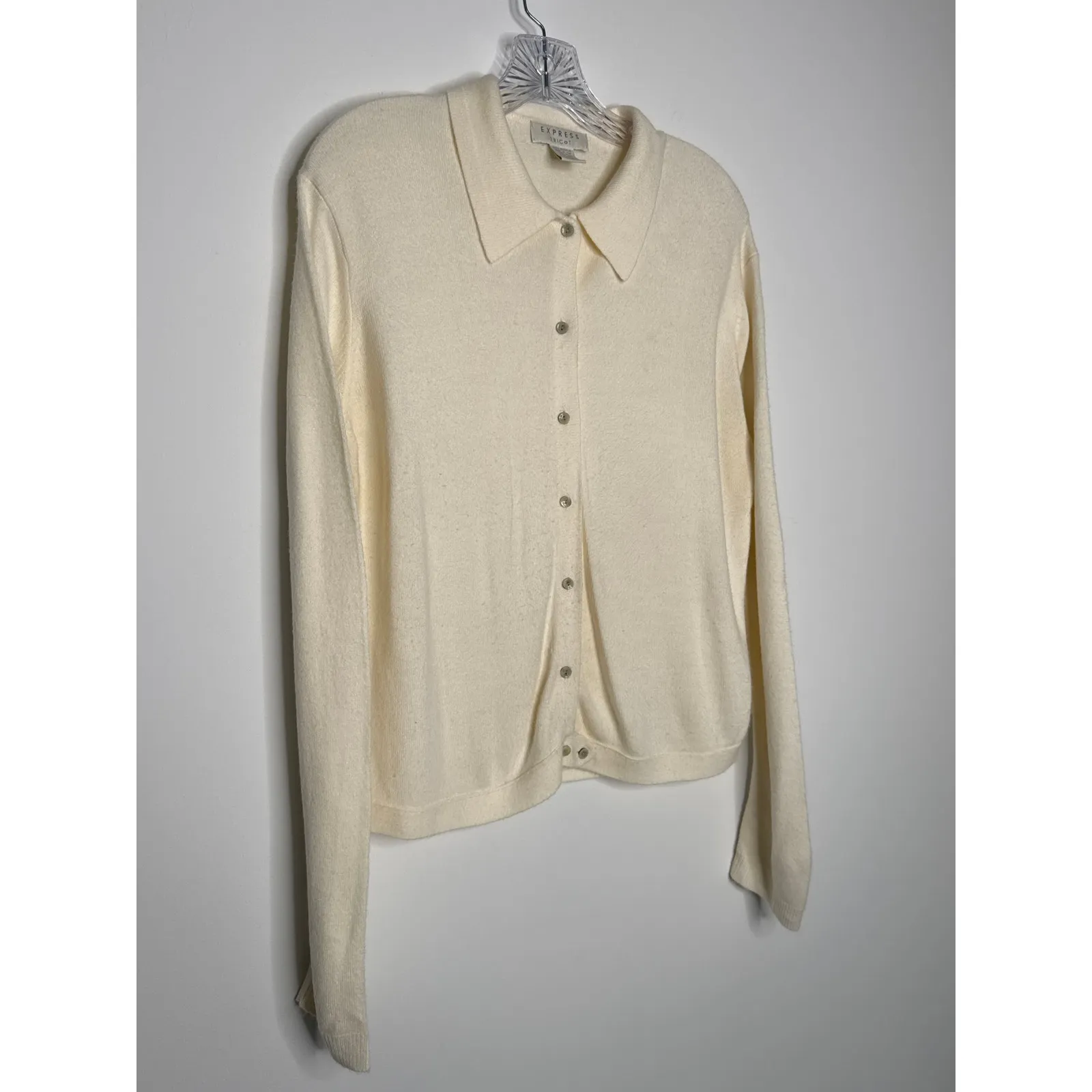 Vintage 70s Express Tricot Ivory Collared Cardigan Sweater Hong Kong Medium - Image 4
