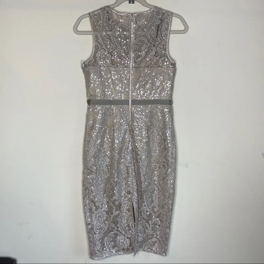 Vince Camuto Lace Sequin Sleeveless Dress Gem Waist Band Beige Cream Size 2 - Image 2