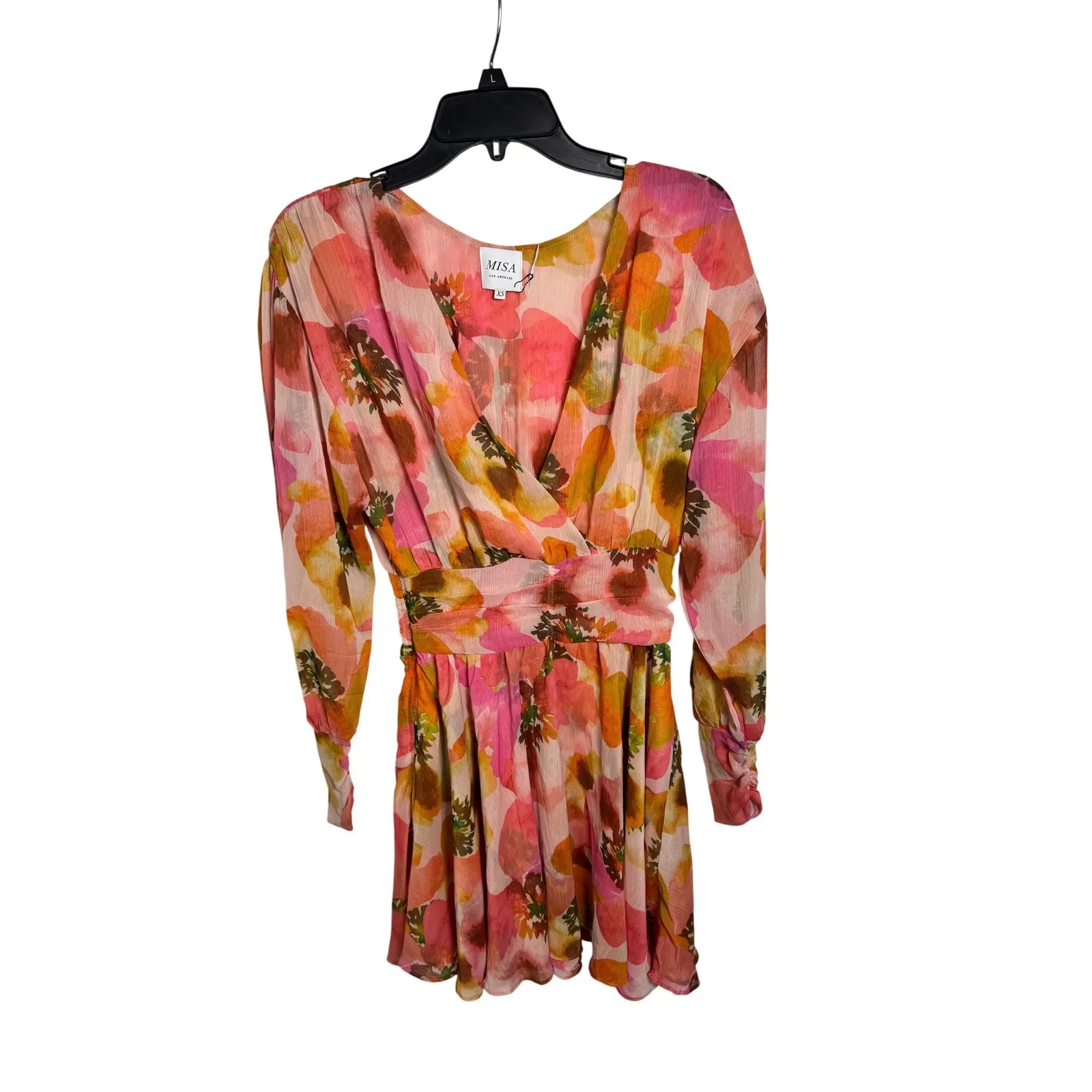 MISA Los Angeles Floral Print Wrap V Neck Long Sleeve Mini Dress Pink Orange - Image 3