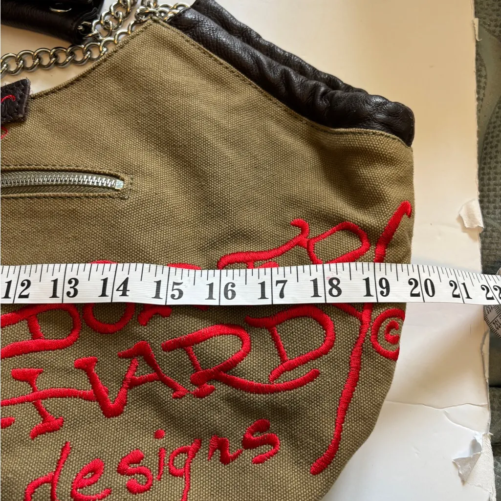 ED HARDY BLACK AND KHAKI CANVAS HAND BAG WITH CHAIN HANDLES AND GRAPHIC DESIGN - Image 16