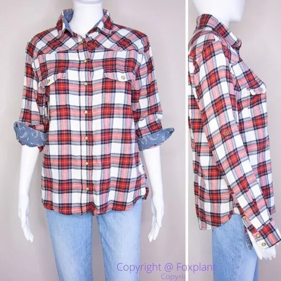 JACHS Girlfriend women's red and white plaid button down shirt, size M - Image 3
