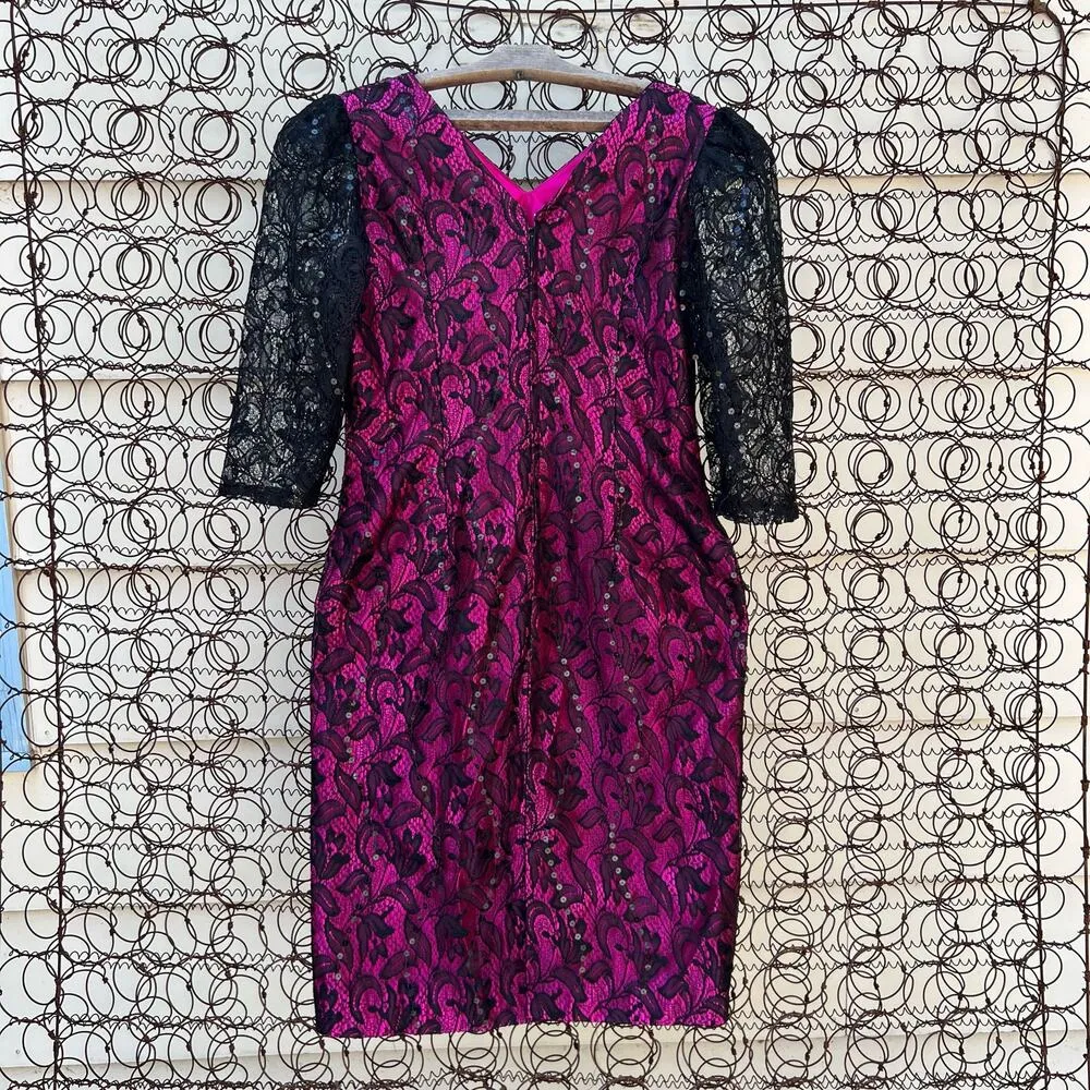 Vintage Handmade Black Lace Overlay Purple Puff Sleeve Sheath dress Size L - Image 6