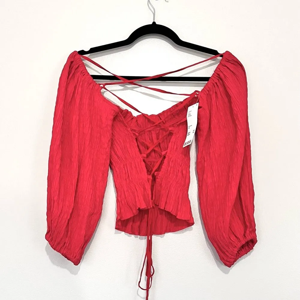 Urban Outfitters Vida Red Smocked Crisscross  Tie Back Off Shoulder Blouse XS - Image 7