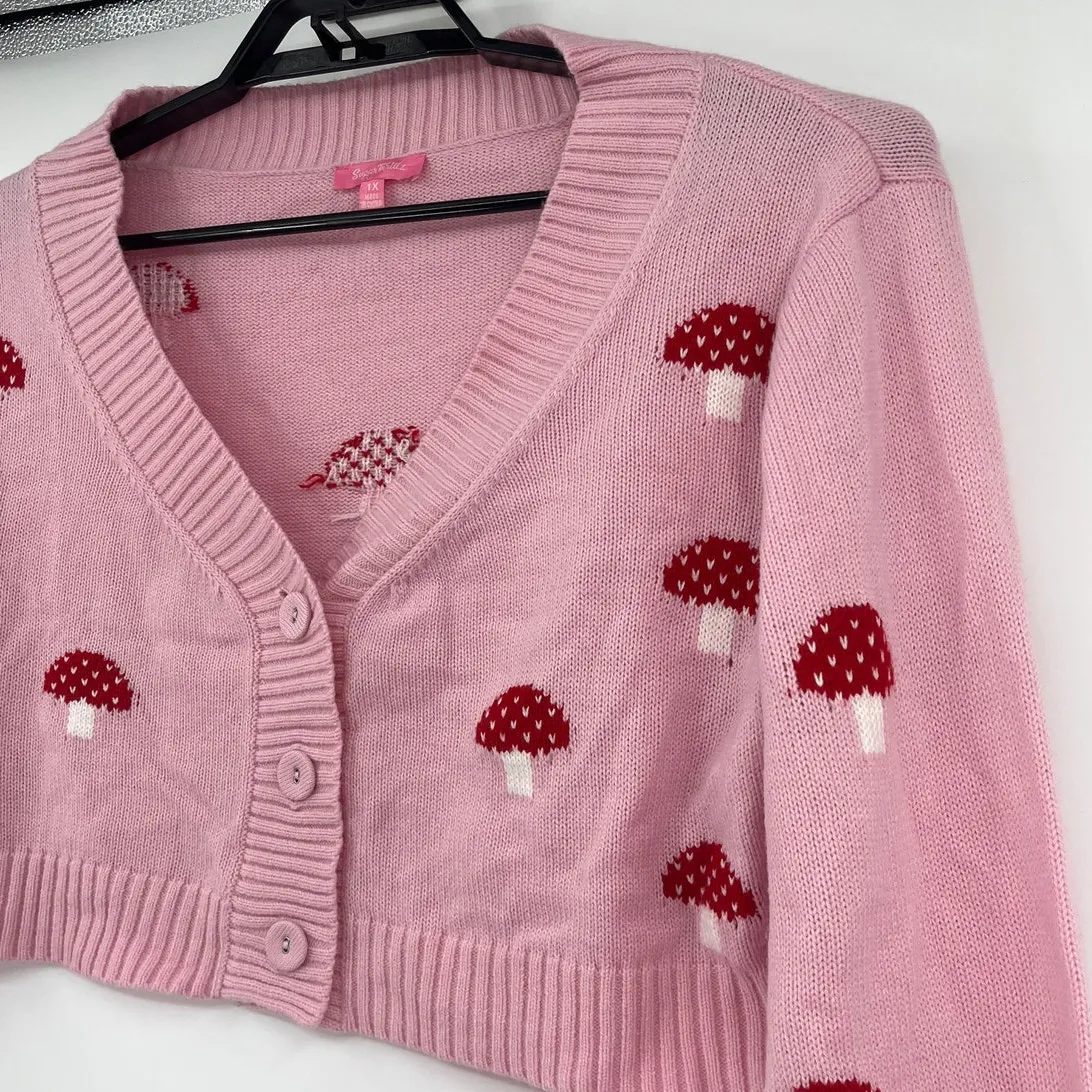 Sugar Thrillz Y2K Crop Mushroom Sweater Sz 1X Coquette Fairy Dolls Kill Cardigan Pink - Image 4