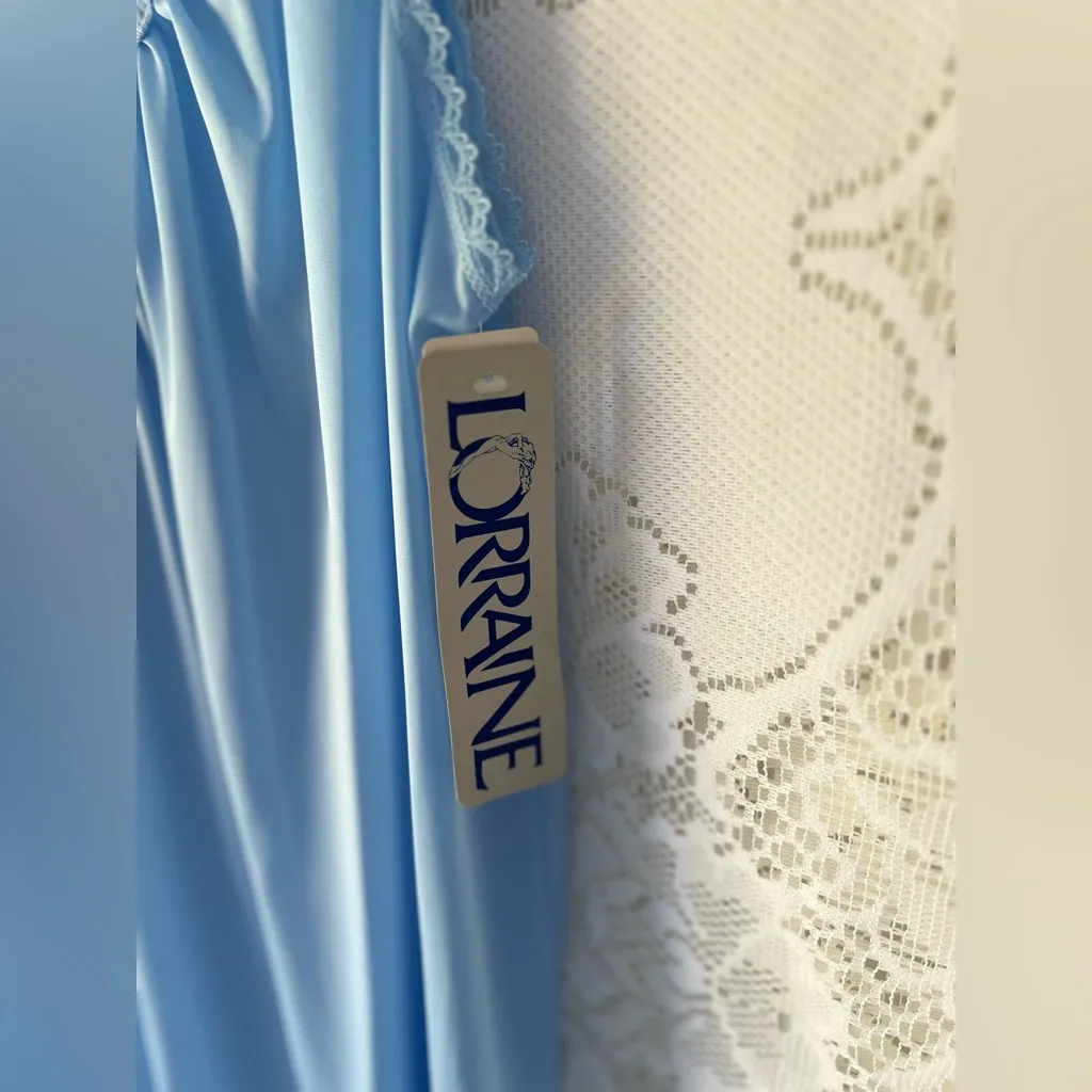 Vintage Lorraine Blue Nylon Nightgown Deadstock Lace Trim Sleeveless Lingerie - Image 5