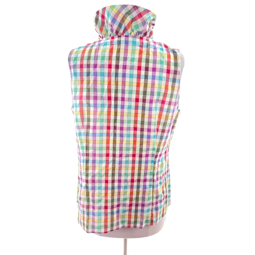 Lafayette 148 rainbow check ruffle neck blouse sz 10 - Image 2