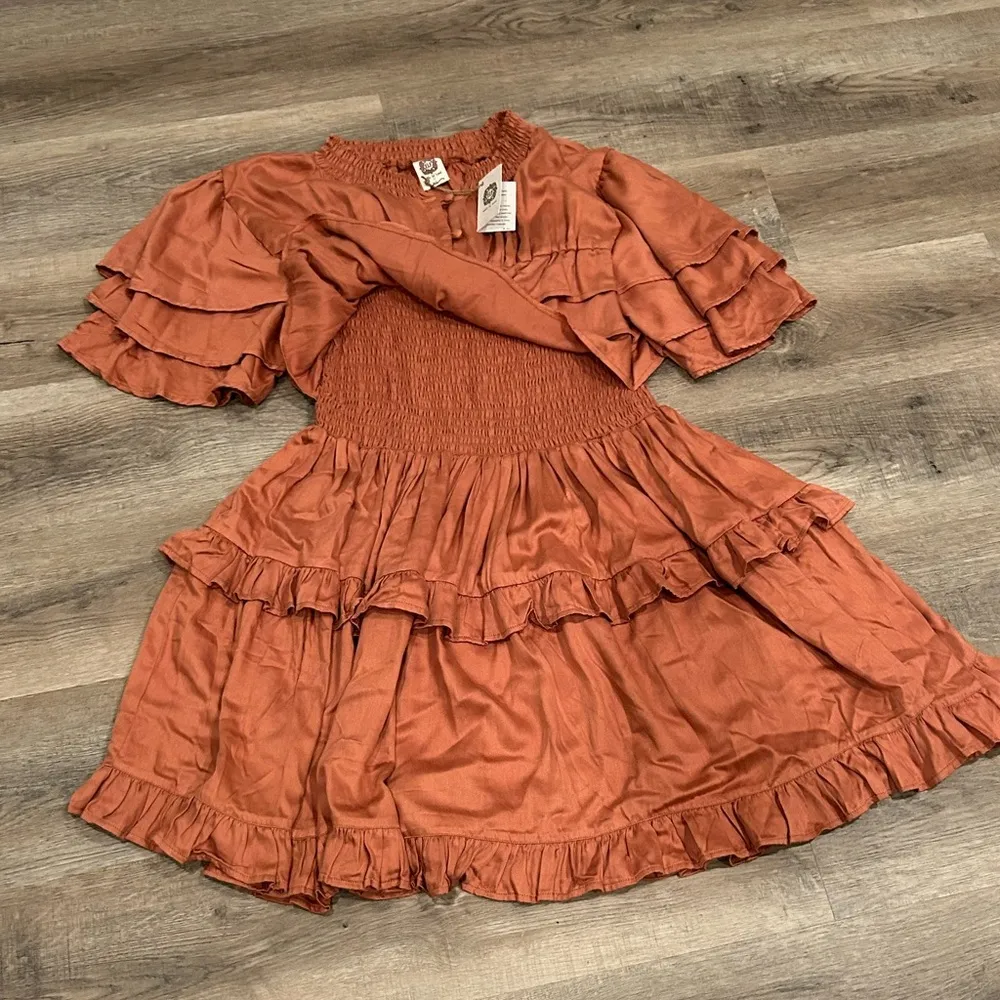 Bali Elf Linnette Mini Dress Copper Color Ruffle Fit Flare Style Cowboy Size XL Orange - Image 3