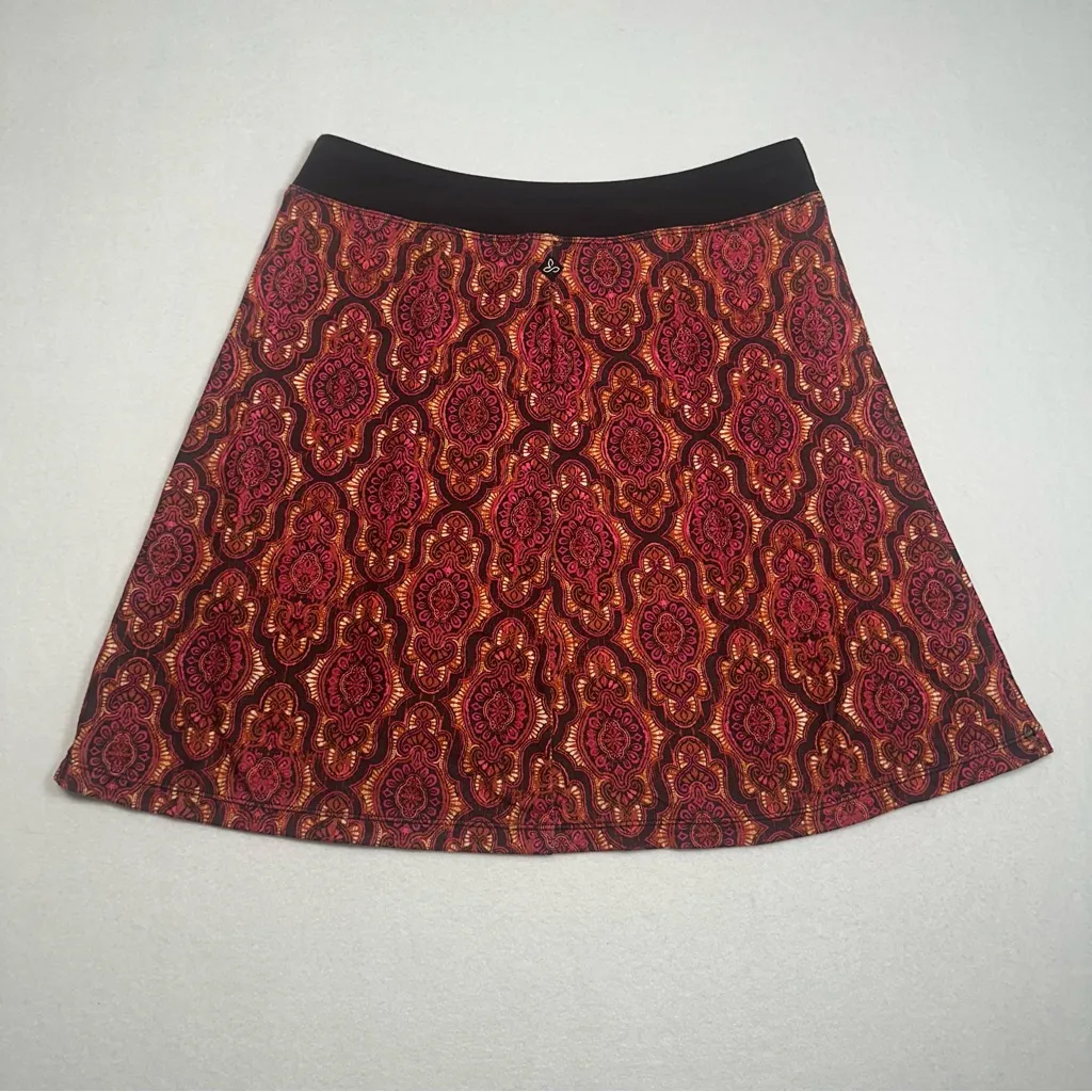 PrAna XS Boho Paisley Print A-Line Skirt Red Orange Pink Stretch Waistband - Image 2