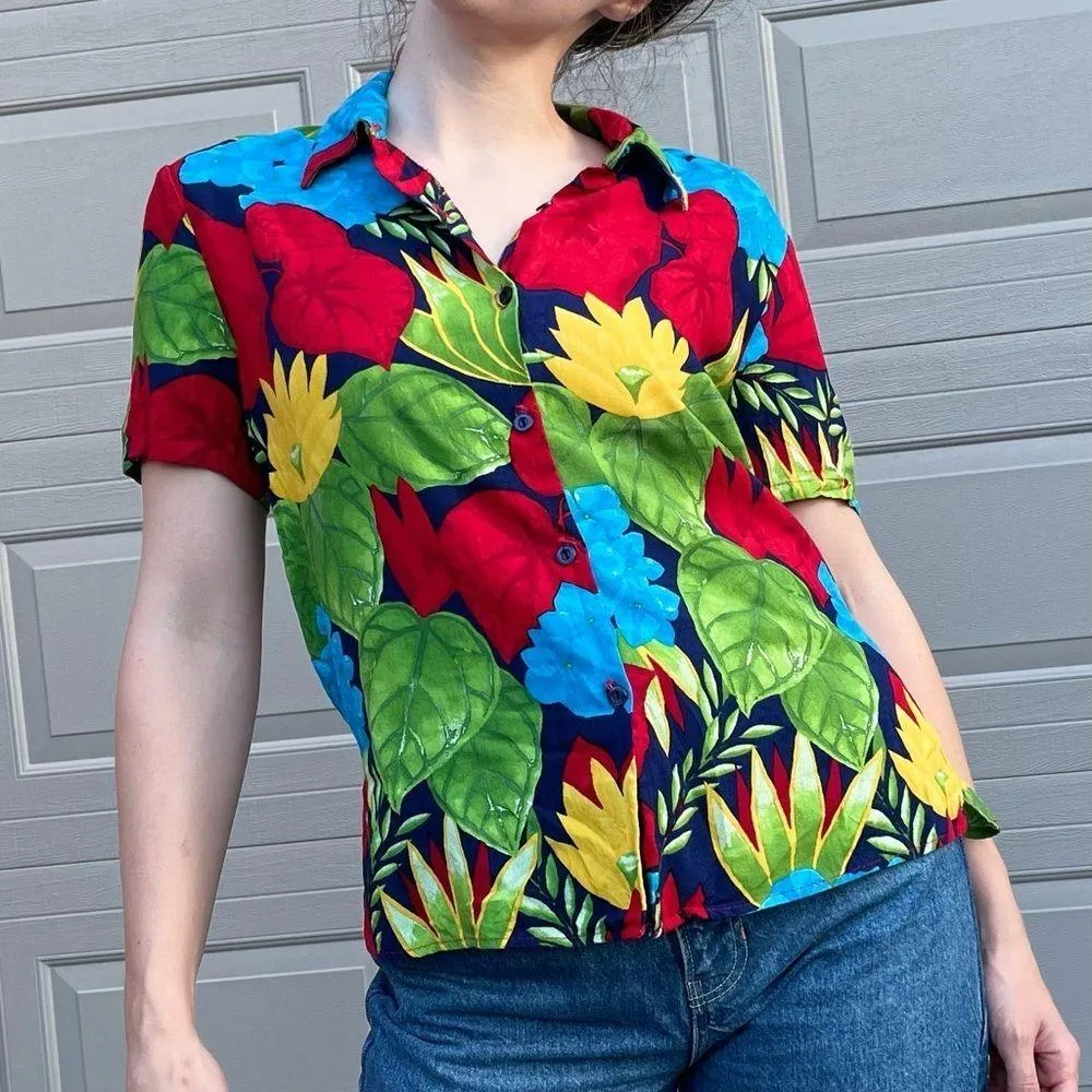 90s Vintage Single Stitch Retro Grandpacore Tropical Button Down Shirt Medium - Image 4