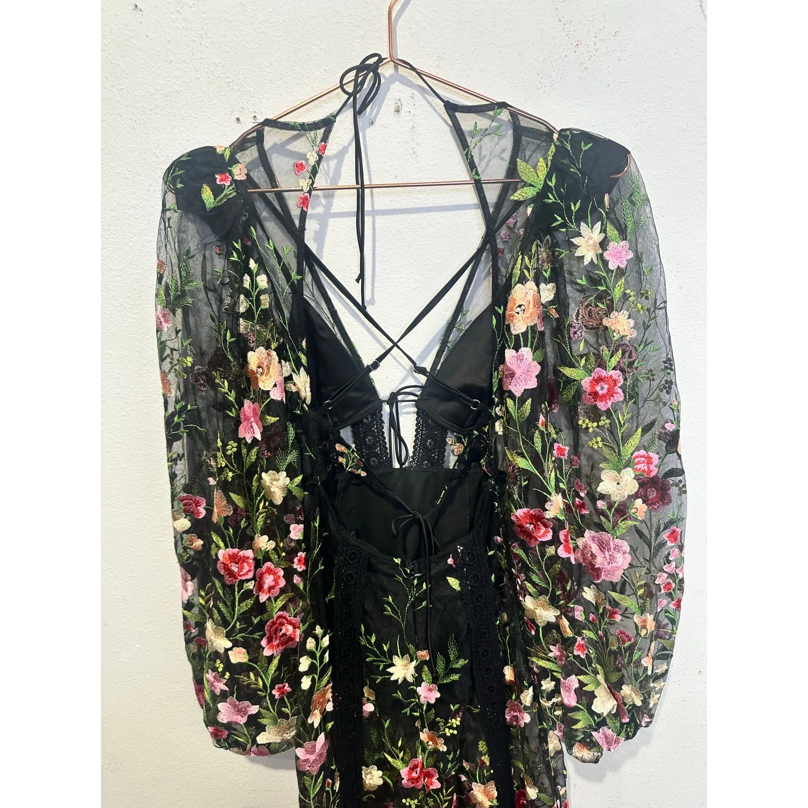 FOR LOVE AND LEMONS Black Pink Luna Embroidered Floral Mesh Maxi Dress sz XXS - Image 13