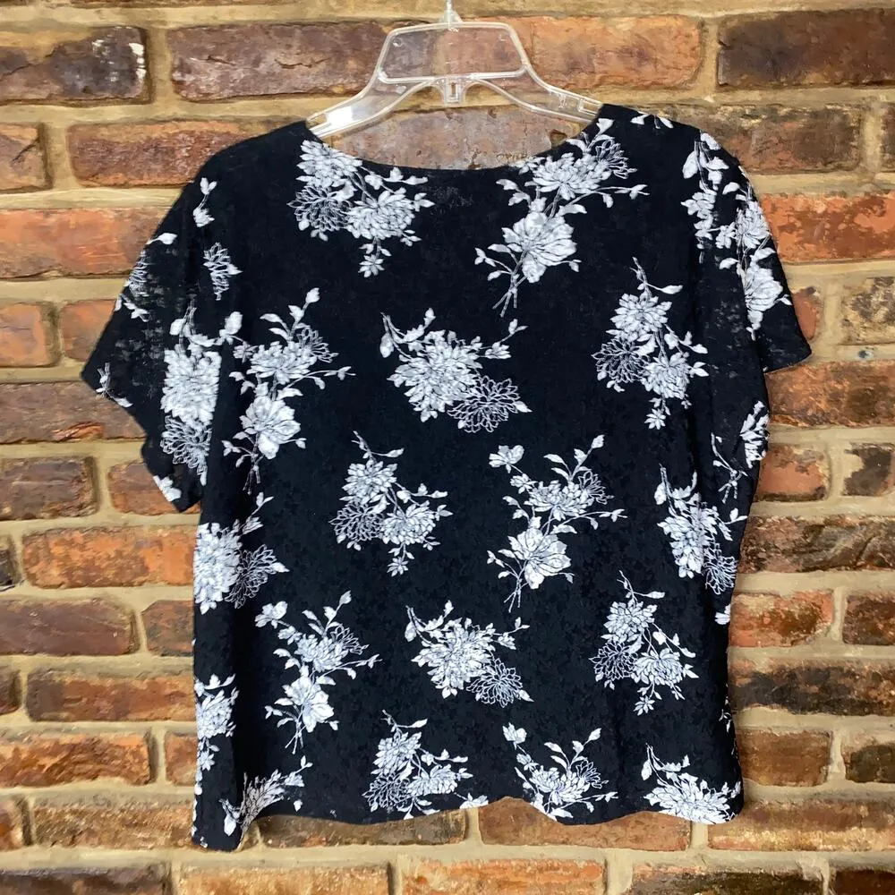 Kate Hill Black White Floral Lace Short Sleeve Blouse Women's Size 1X - Image 5