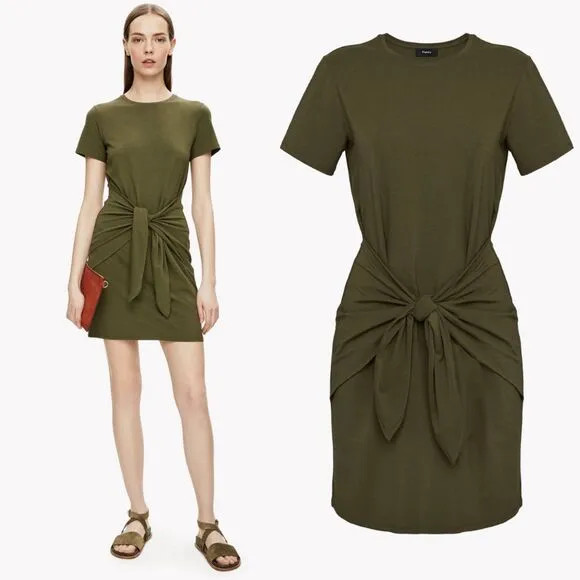 Theory Dakui Rubric Knotted Front Tie T-Shirt Dress Short Sleeve Basil Green - Image 2