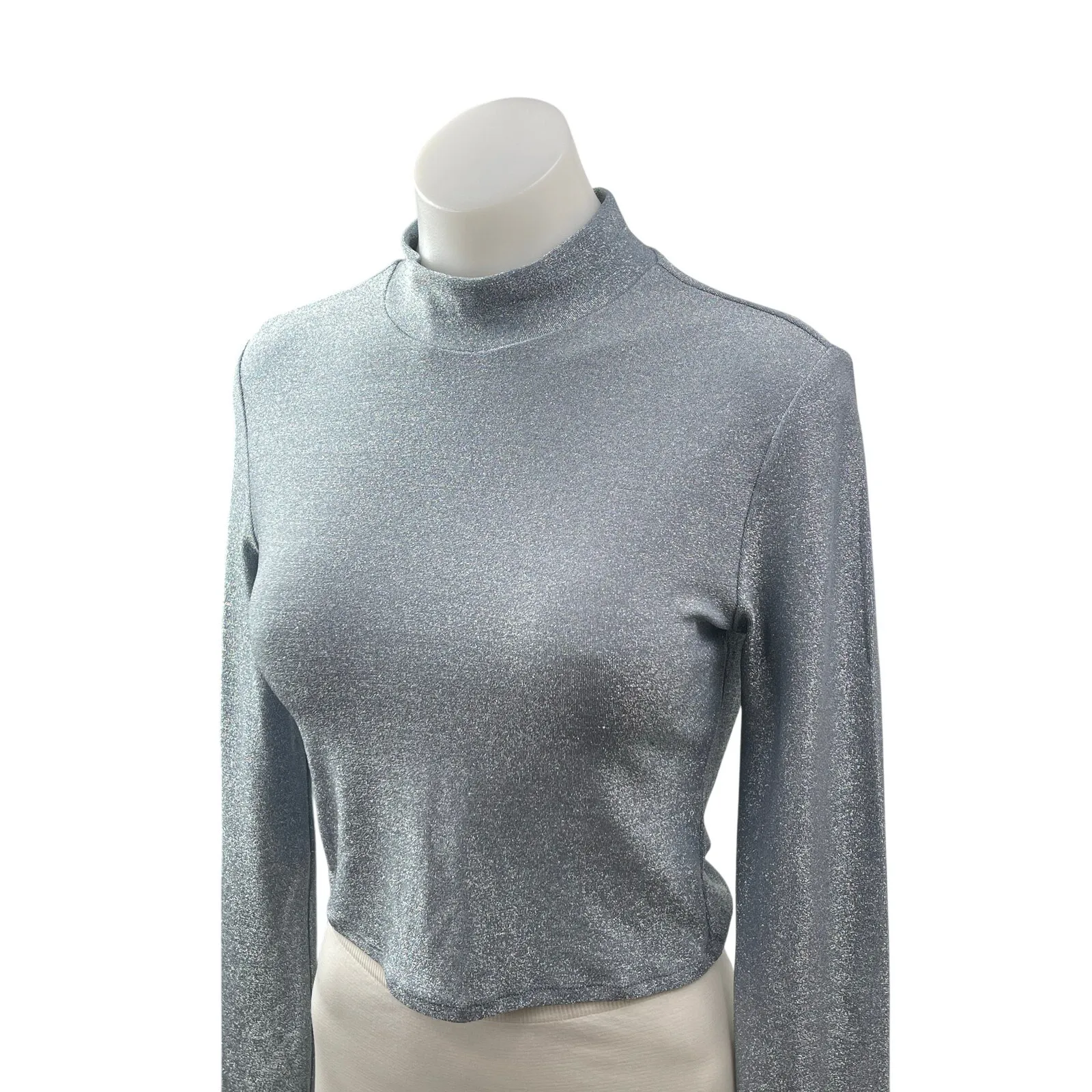 Reformation Bailey Women's Blue Glitter Mock Neck Long Sleeve Crop Top Size M - Image 2