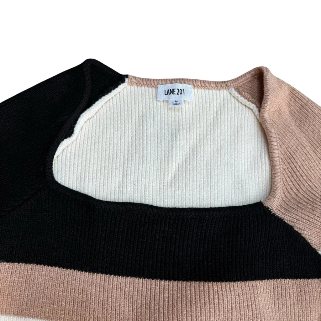 Lane 201 Size M Square Neck Ribbed Knit Sweater Crop Neutral Wide Stripe Fall - Image 3