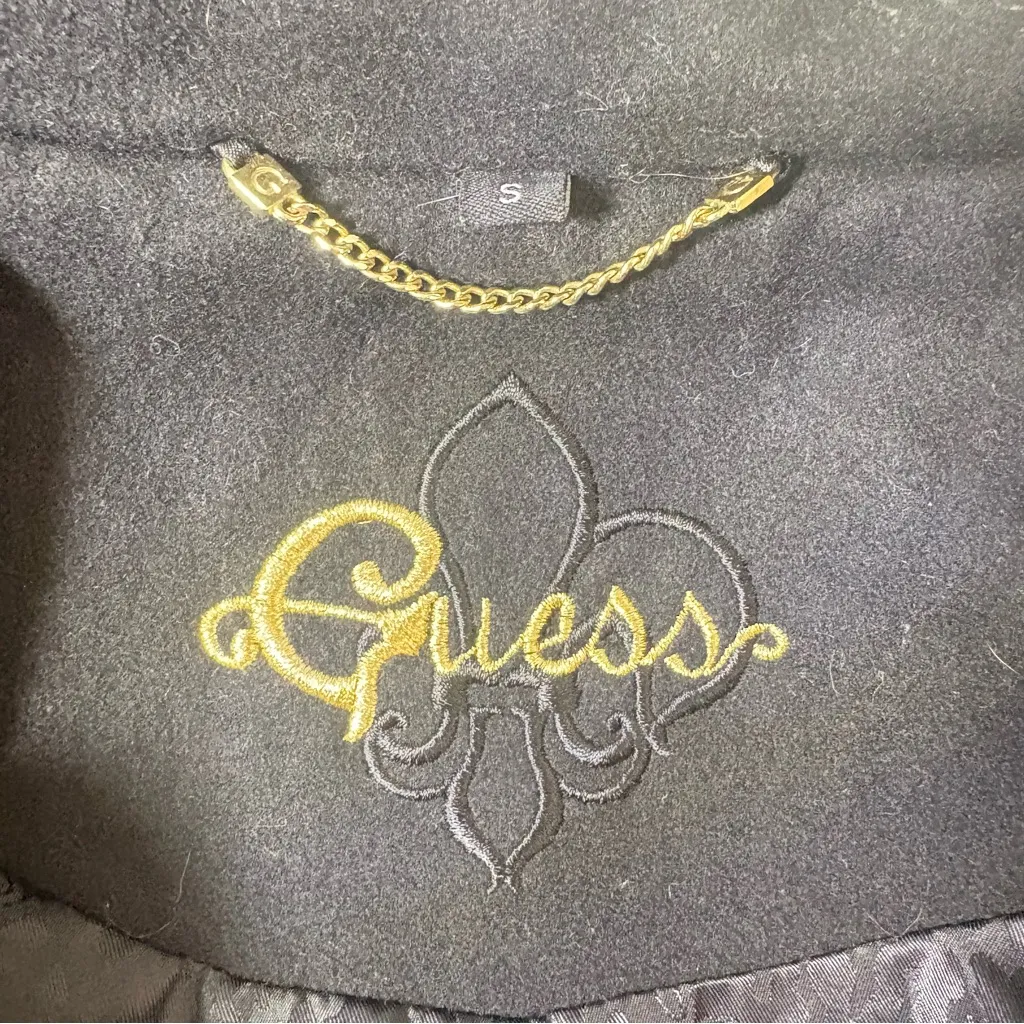 Vintage Guess Black Double Breasted Wool Trench Coat with Gold Accents - Image 16