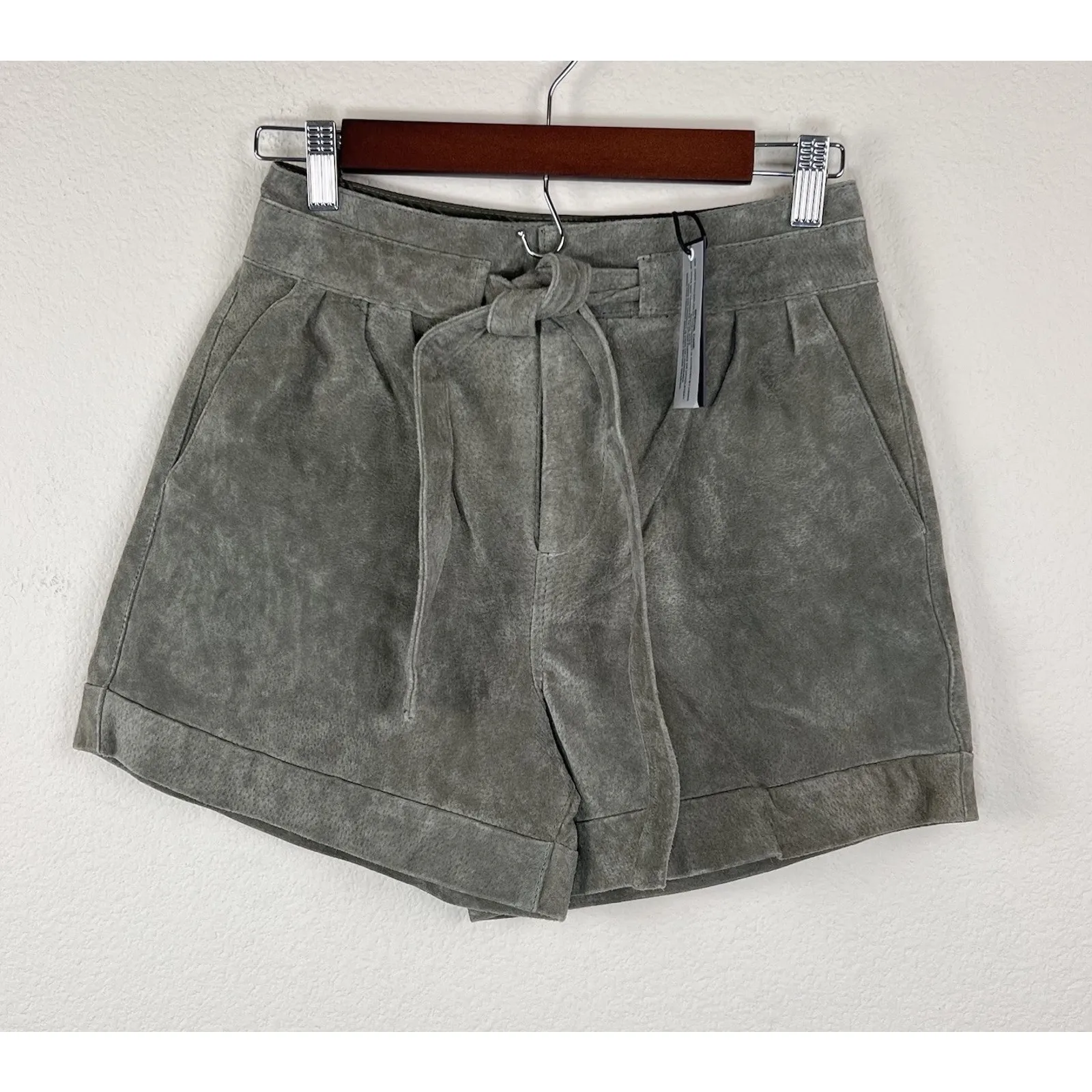 BLANK NYC Olive Green Suede Leather Paperbag Shorts Tie Waist Size 25 - Image 3