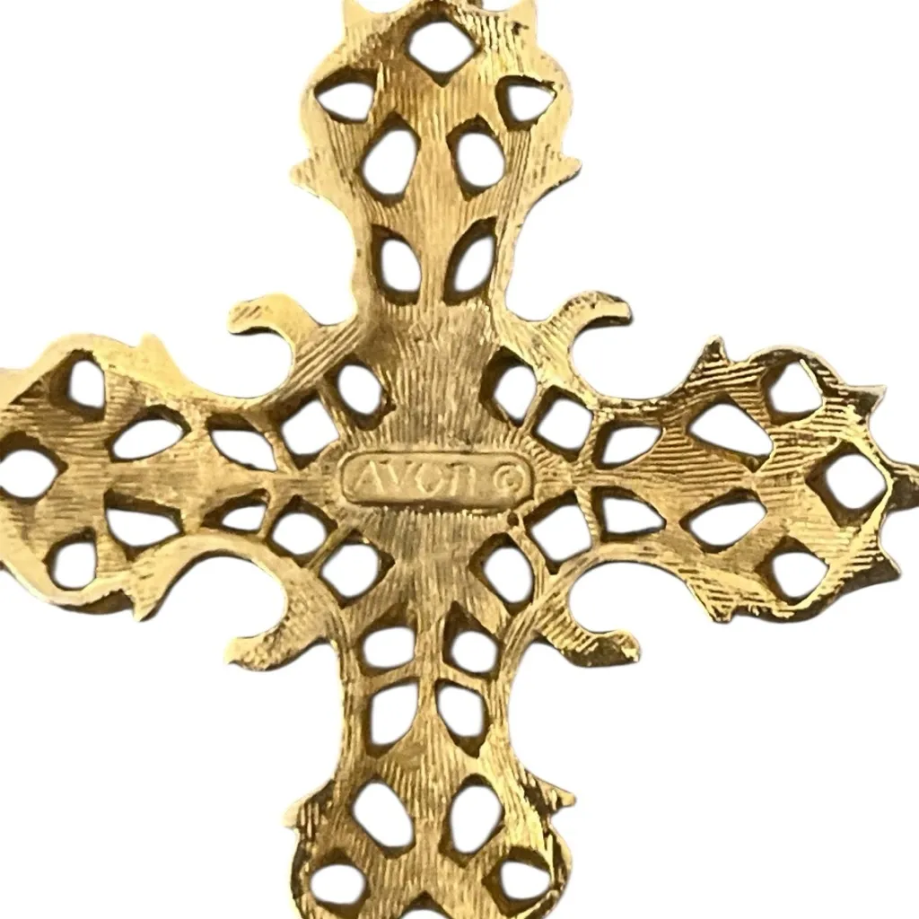VTG Avon Abbey Gold Tone Cross Pendant Necklace Filigree Ruby Red Cabochon - Image 7