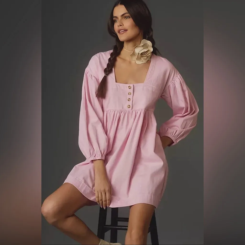 By Anthropologie | Pink Denim Long Sleeve Babydoll Dress, Size L - Image 2