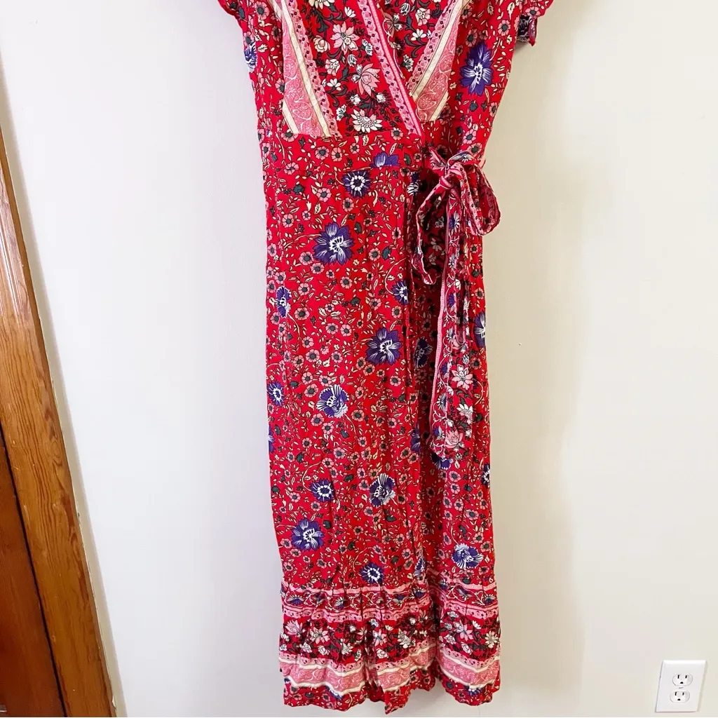 Halcyeen Red Floral Wrap Dress Midi Unlined Size XL NEW V - Image 3