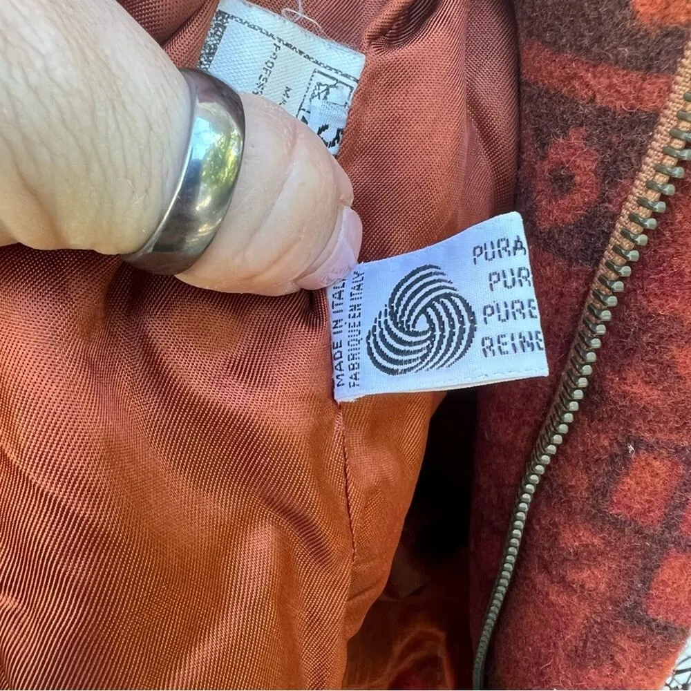 Vintage Greasly Italy Wool Orange Aztec Boho Bomber Jacket Size XL - Image 11