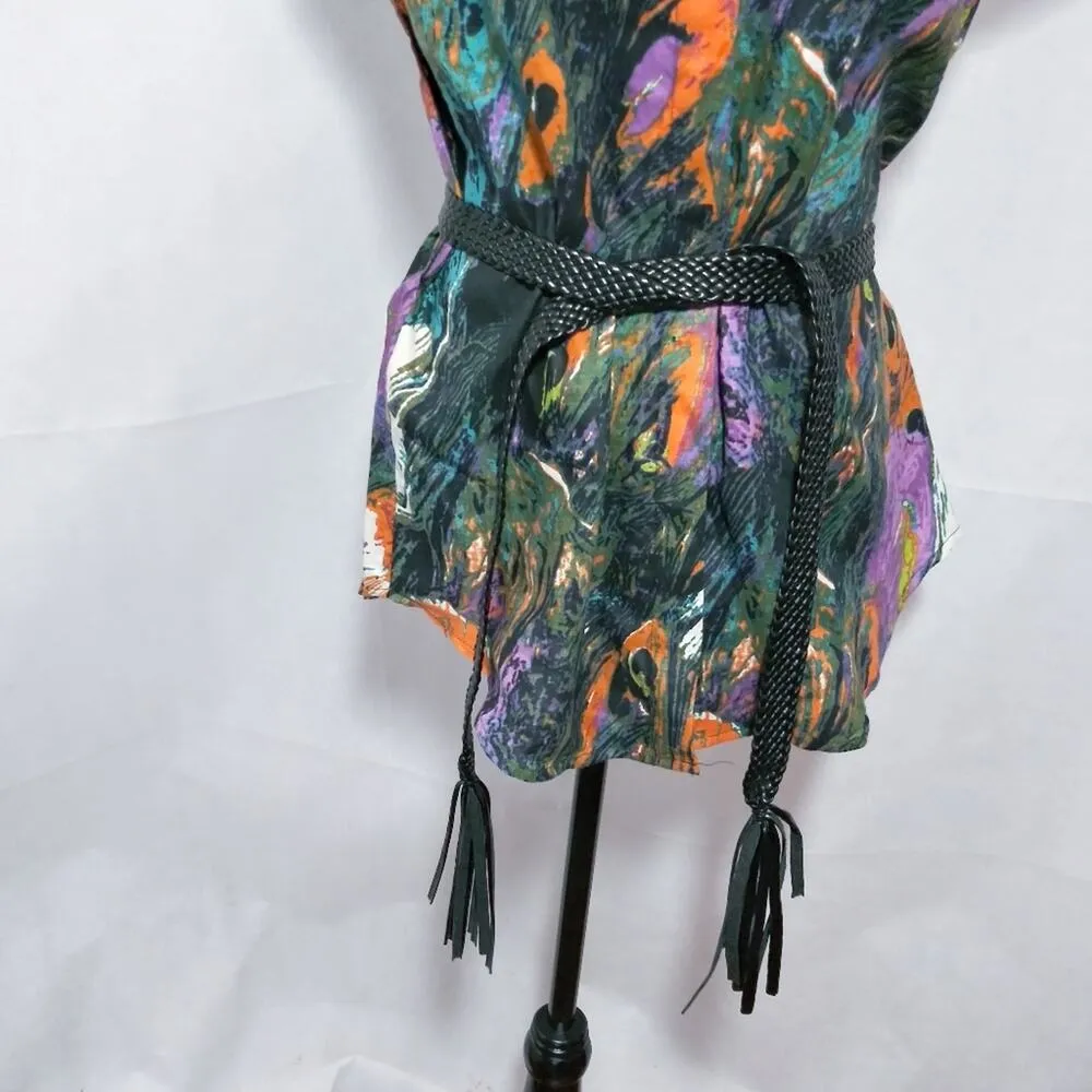 Richard Malcolm Colorful Abstract Peacock Feather Linen Top With Belt S - Image 4