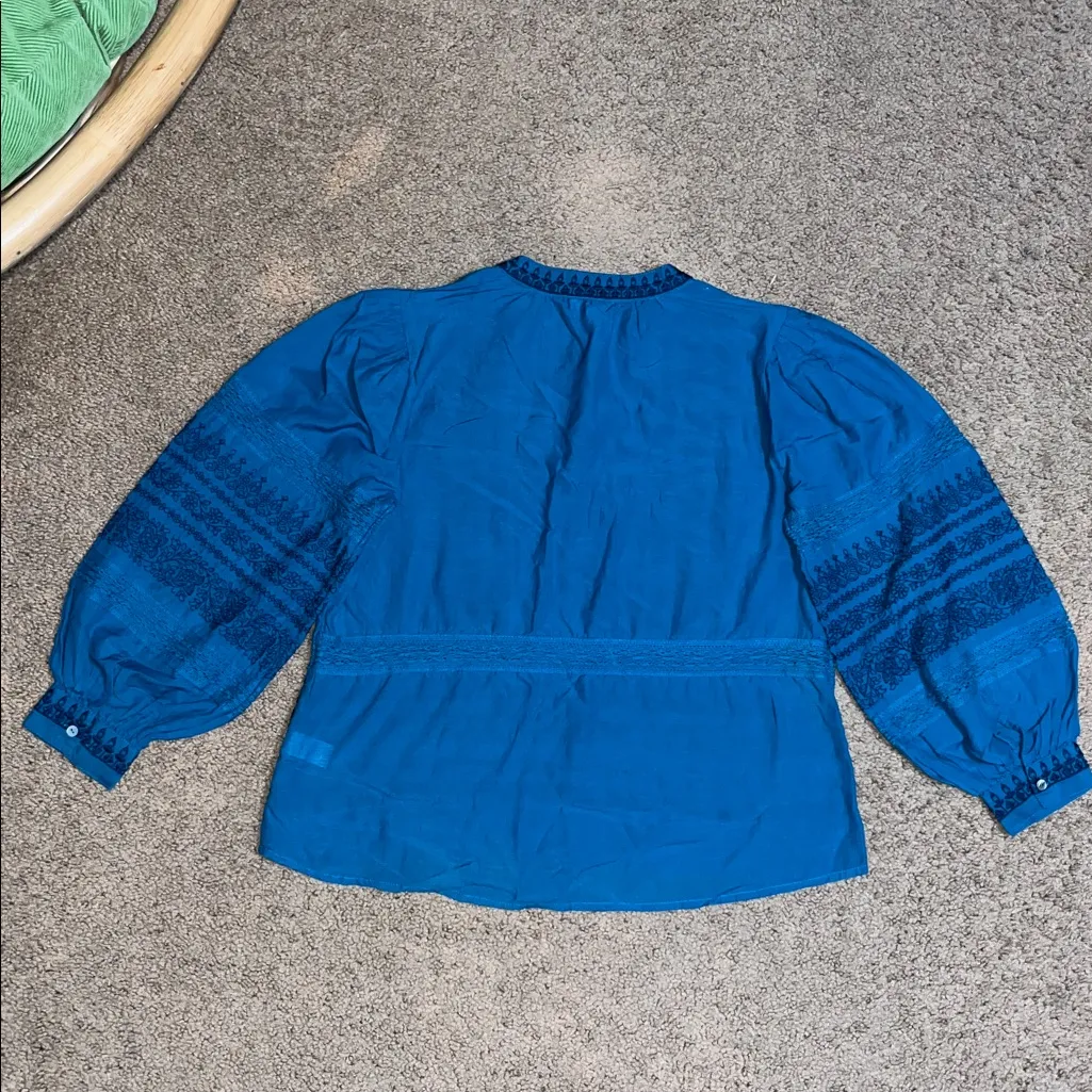 Sundance Almara Floral Embroidered Balloon Sleeve Peasant Blouse Blue PS - Image 4