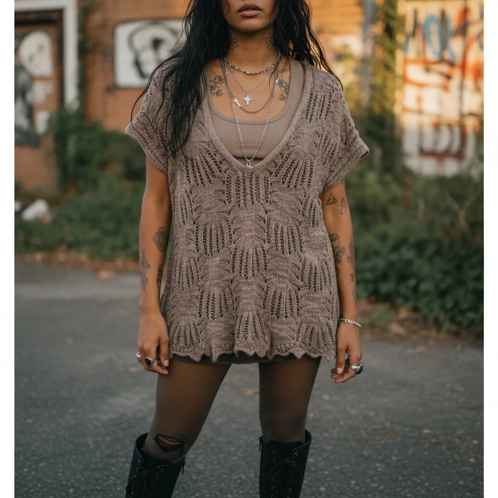 Eight Eight Eight M Taupe Crochet Top Boho Summer Retro Y2K Earthy Fest Grunge - Image 2