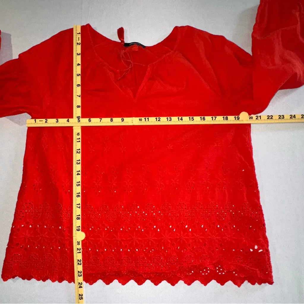 Madewell • Beautiful Bright Poppy Red Eyelet Lattice Scalloped Hem Blouse Size S - Image 12