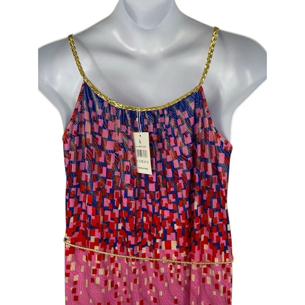 Seven Island Blue Pink Gold Sleeveless Tie Waist Stretch Summer Dress L NWT Size L - Image 5