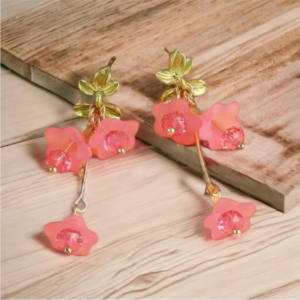 Pink Flower Pendant Elegant Dangle‎ Earrings Boho Minimalist Style Resin Jewelry Gold - Image 6