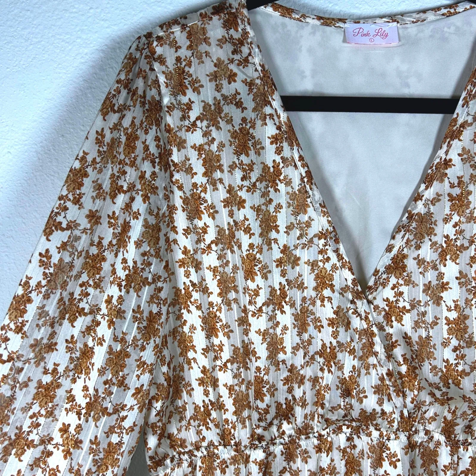 Pink‎ Lily Floral Long Sleeve Midi Dress V Neck Ruffle Cuffs Women's - Image 6