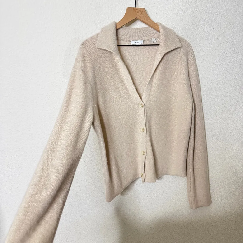 Vince Plush Cashmere Polo Buttoned Cardigan Sweater Beige Womens Size XL - Image 5
