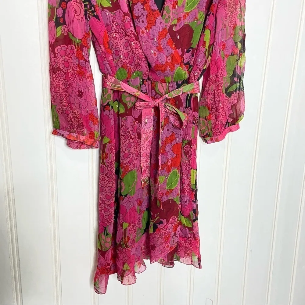 PINKO Walter Belted Long Sleeve Floral Mini Dress 273 Pink Size 8 - Image 7