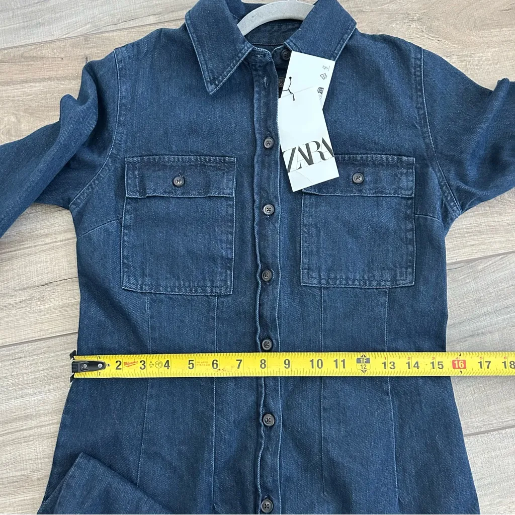 Zara The Button Down Denim Dress Long Sleeve Cotton Shirt Dress Blue NWT M - Image 11
