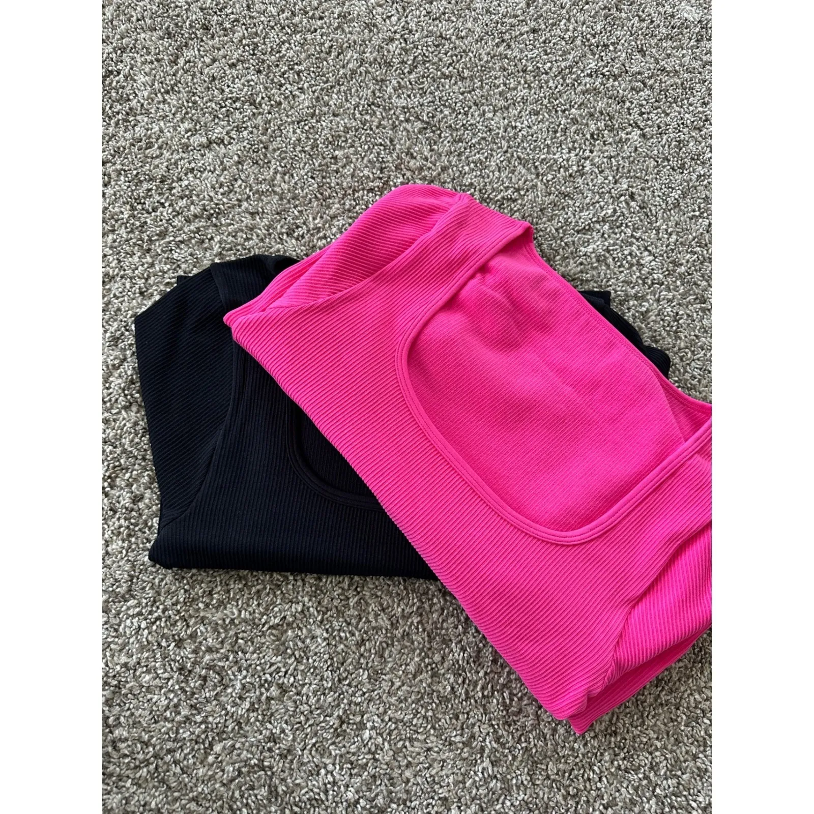 OQQ Ribbed Square Neck Long Sleeve Crop Top Set Activewear‎ Athleisure L Pink Size L - Image 5