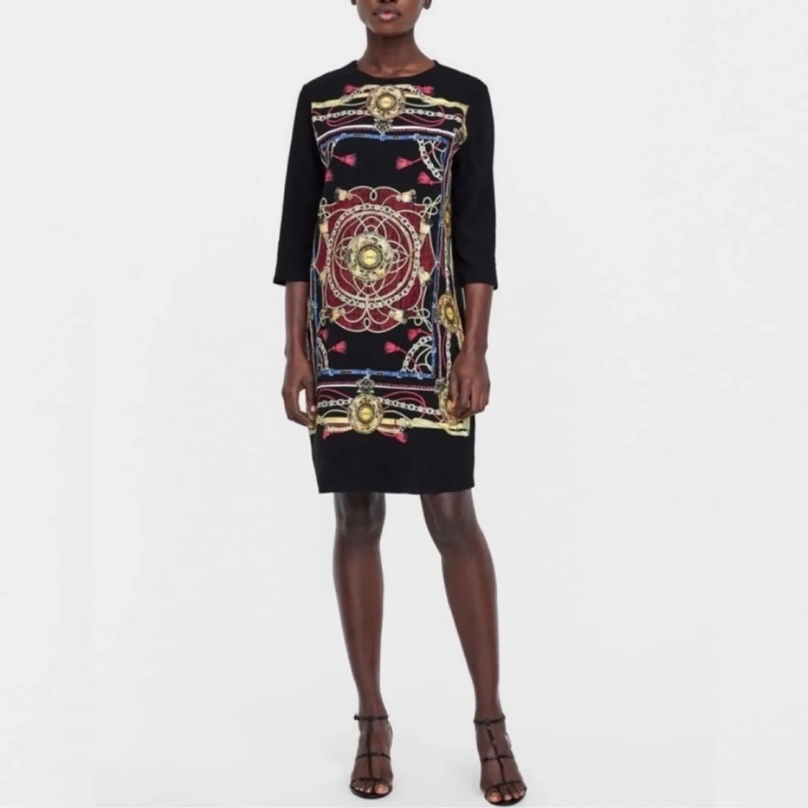 Zara Geometric Basic Tunic Dress with Gold and Red Chain Print NEW Size SMALL - Image 16