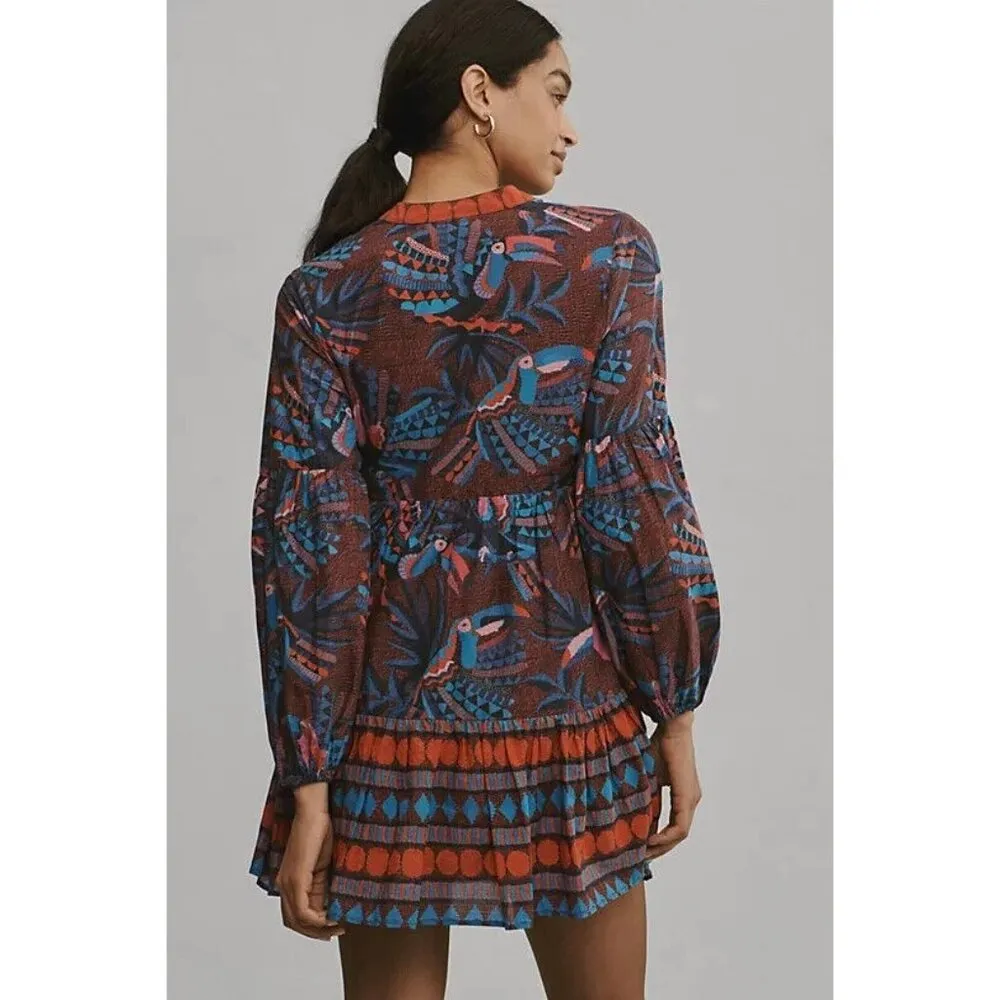 NWT FARM Rio x Anthropologie Toucan Printed Mini in Red Blue V-Neck Dress M $198 - Image 6