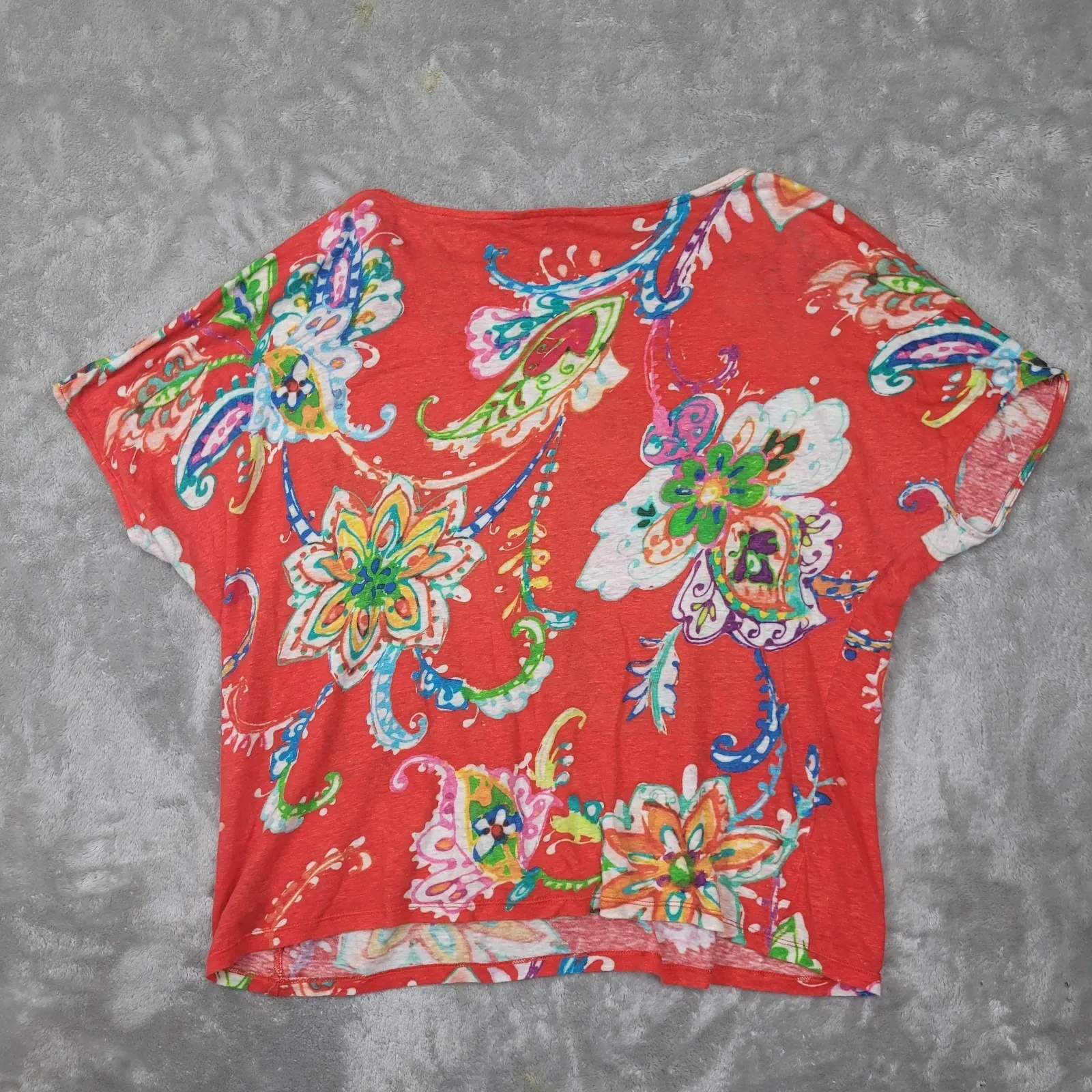 Lauren Ralph Lauren Red Floral Printed Linen Short Sleeve‎ Knit Shirt size Large - Image 6