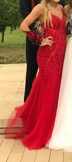 Madison James Red Beaded Prom Dress - Image 3