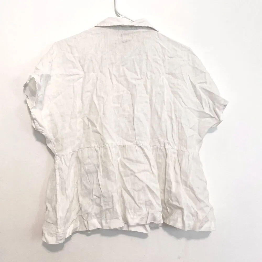 CATHERINE MALANDRINO Solid White Popover Short Sleeve 100% Linen Peplum Blouse M - Image 10