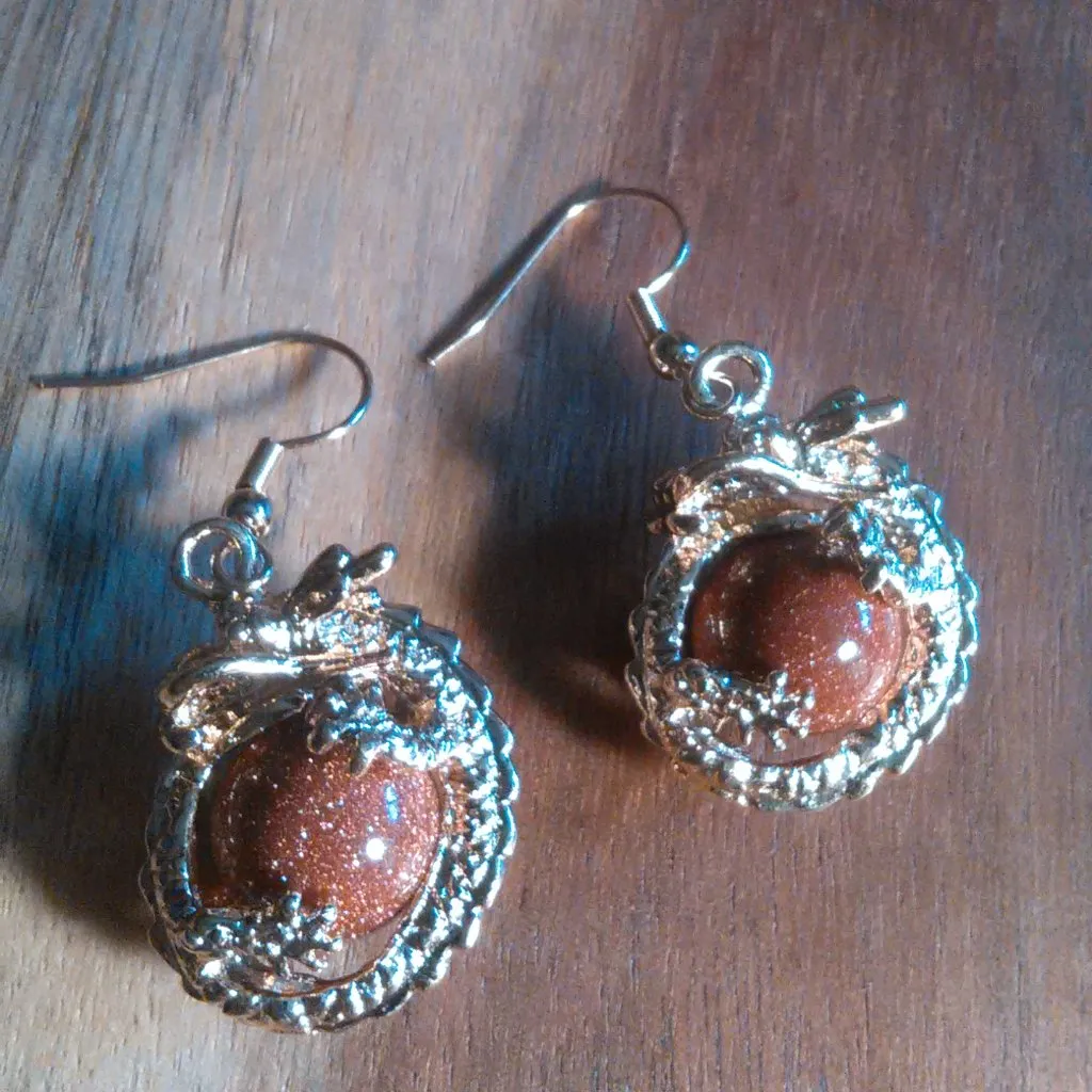 Gold Sandstone and Brown Austrian Crystal Dragon Dangle Earrings - Image 3